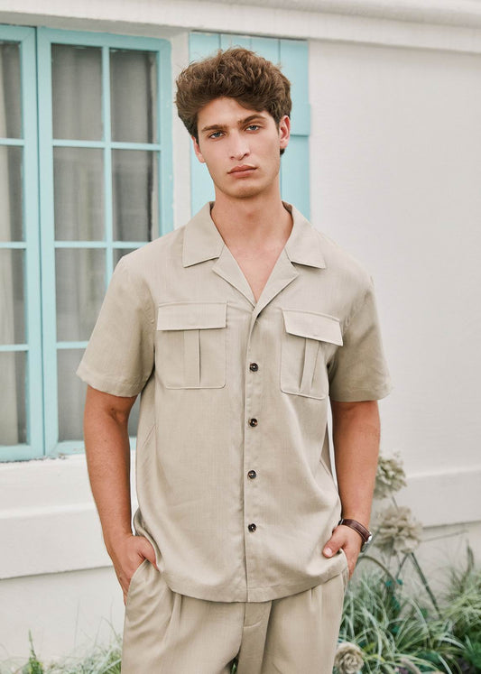 Relaxed Collar Top with Chest Pockets - Khaki