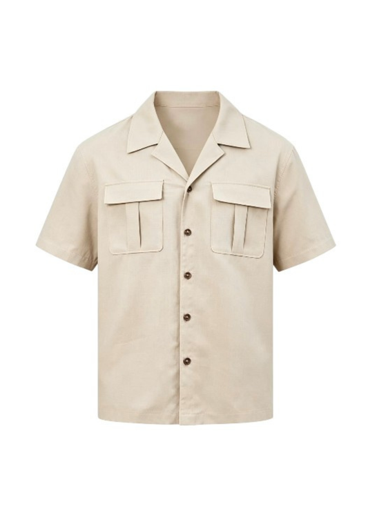 Relaxed Collar Top with Chest Pockets - Khaki