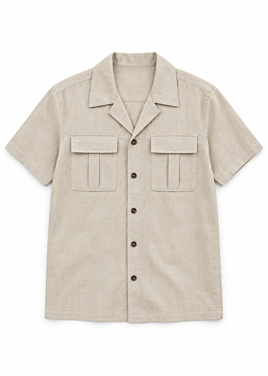Relaxed Collar Top with Chest Pockets - Khaki