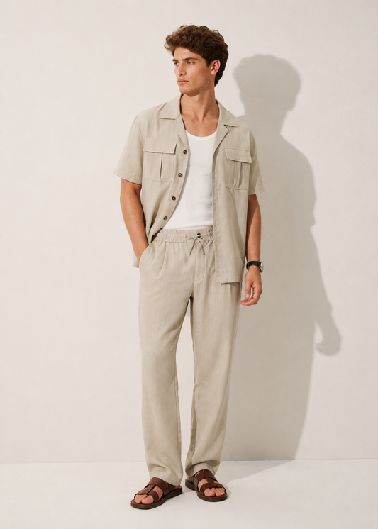 Relaxed Fit Woven Linen Trousers - Khaki