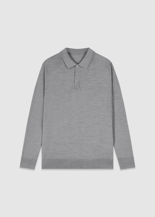 Merino Wool Long Sleeve Polo in Light Grey