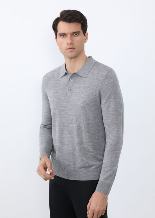 Merino Wool Long Sleeve Polo in Light Grey