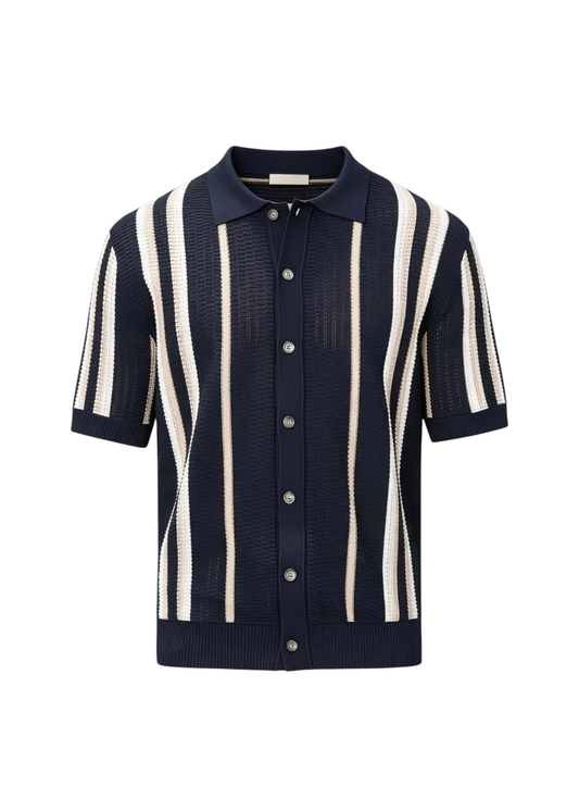 Beige & White Striped Fine-Knit Polo Shirt - Navy