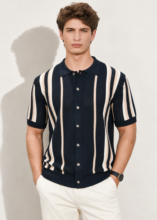 Beige & White Striped Fine-Knit Polo Shirt - Navy