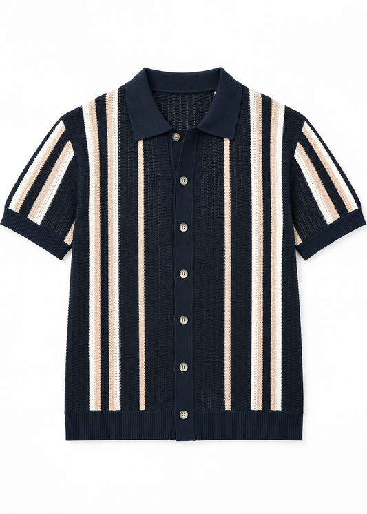 Beige & White Striped Fine-Knit Polo Shirt - Navy