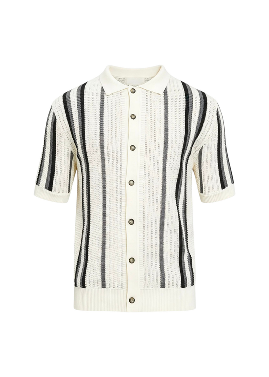 Grey & Black Striped Fine-Knit Polo Shirt - White