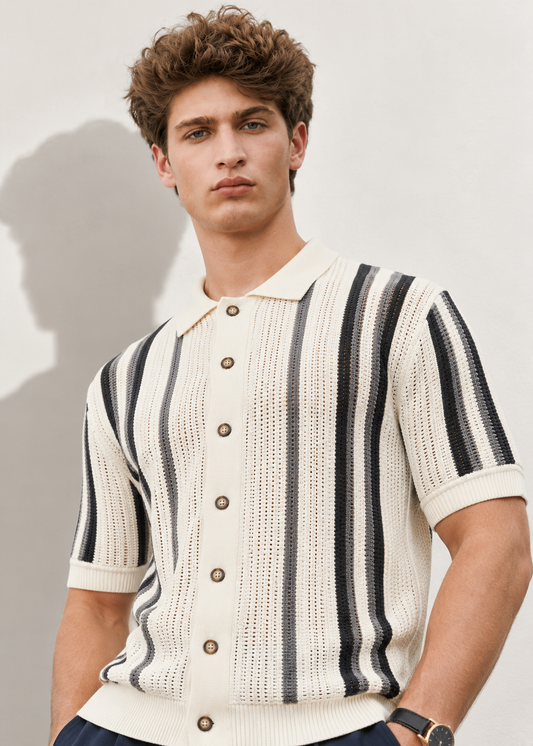 Grey & Black Striped Fine-Knit Polo Shirt - White