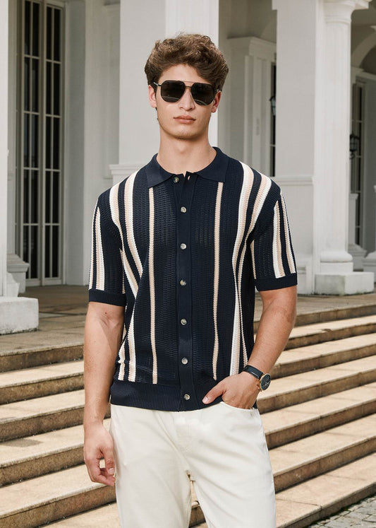Beige & White Striped Fine-Knit Polo Shirt - Navy