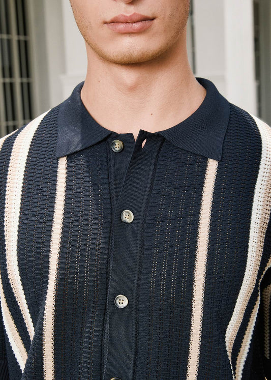 Beige & White Striped Fine-Knit Polo Shirt - Navy