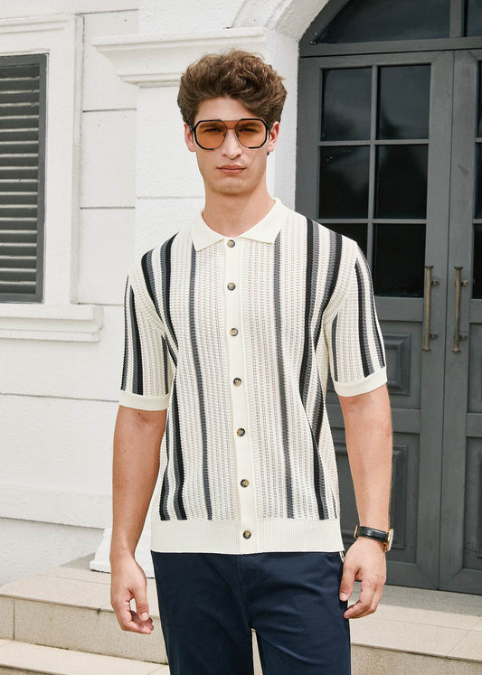 Grey & Black Striped Fine-Knit Polo Shirt - White