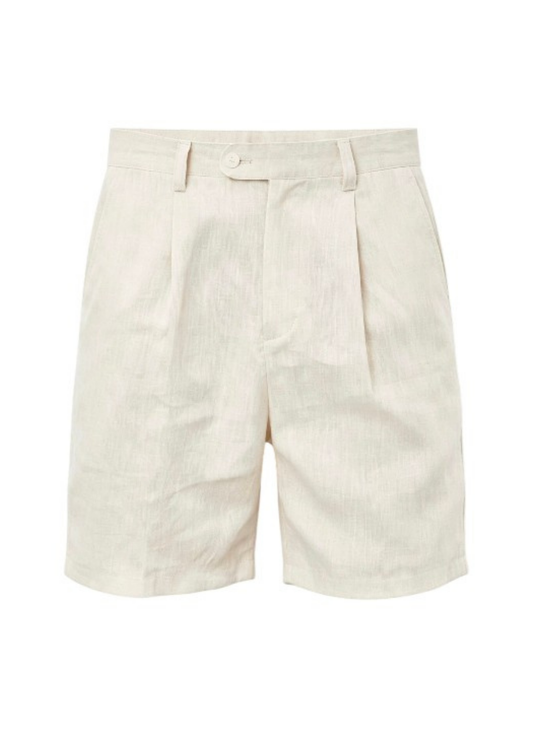 Pure Linen Smart Pleated Summer Shorts - Beige