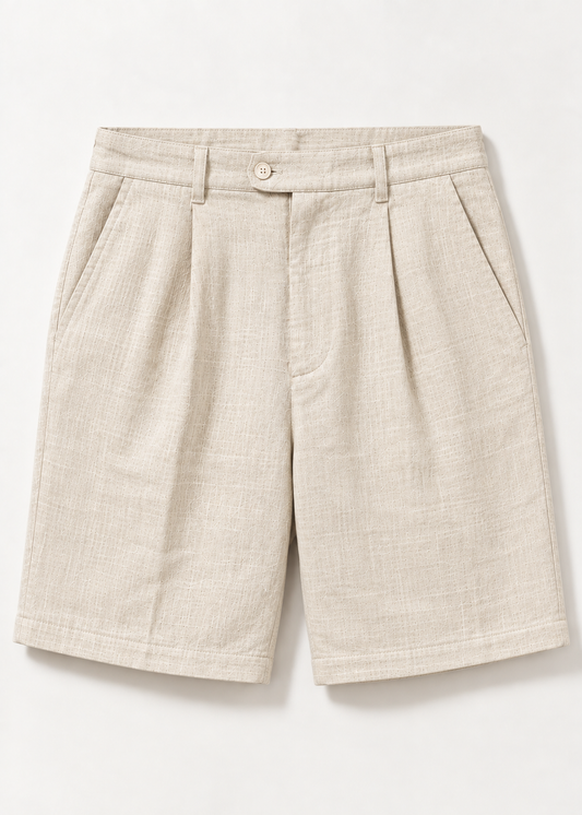 Pure Linen Smart Pleated Summer Shorts - Beige