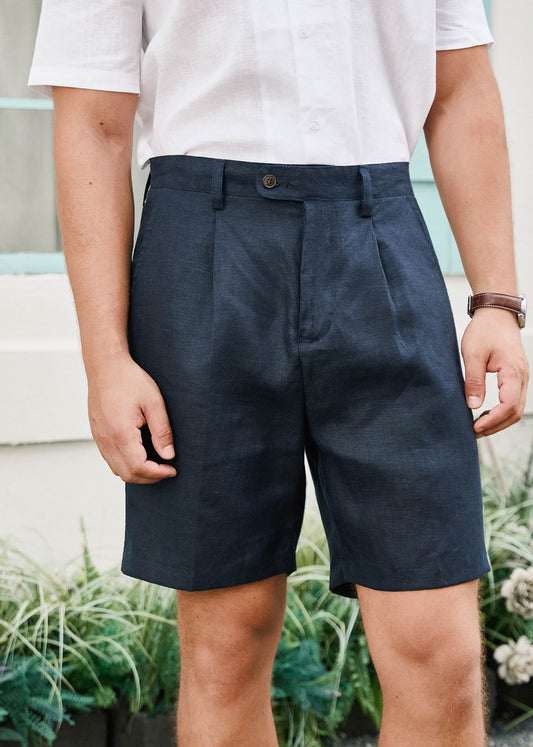 Pure Linen Smart Pleated Summer Shorts - Navy