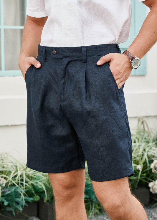 Pure Linen Smart Pleated Summer Shorts - Navy