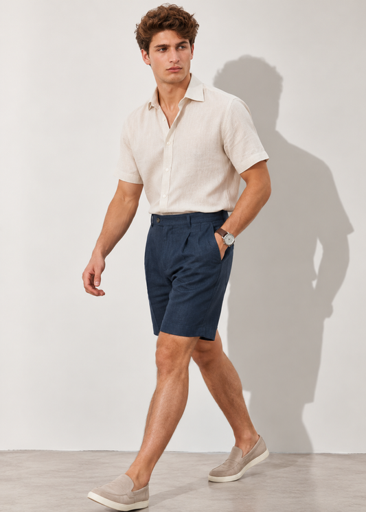 Pure Linen Smart Pleated Summer Shorts - Navy