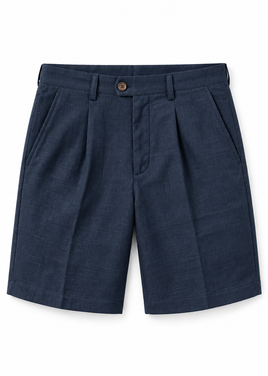 Pure Linen Smart Pleated Summer Shorts - Navy