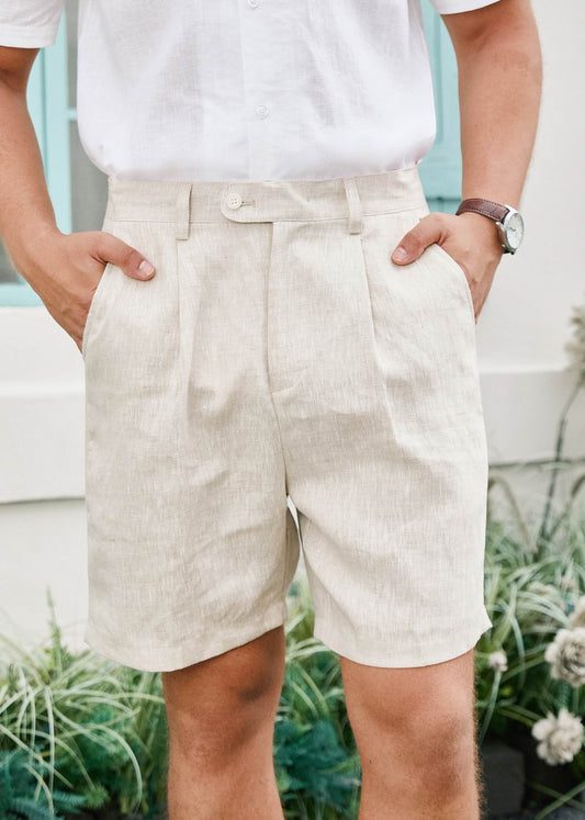 Pure Linen Smart Pleated Summer Shorts - Beige