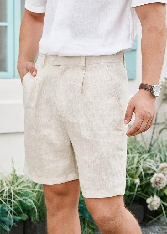Pure Linen Smart Pleated Summer Shorts - Beige