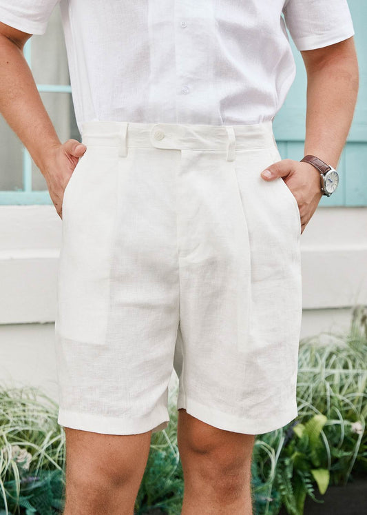 Pure Linen Smart Pleated Summer Shorts - White
