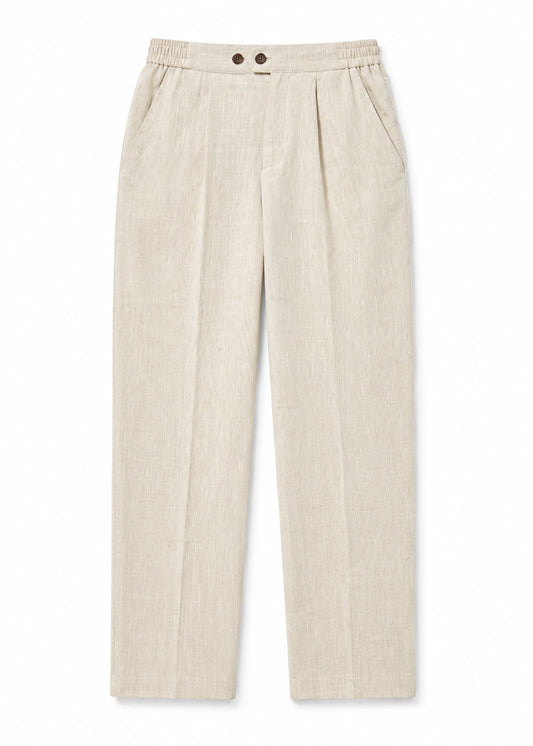 Pleated Pure Linen Straight Leg Trousers - Beige