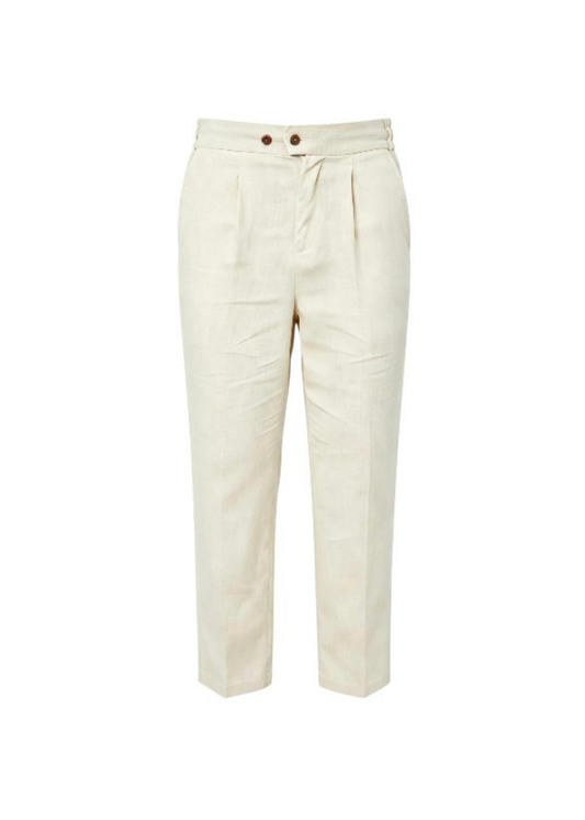 Pleated Pure Linen Straight Leg Trousers - Beige