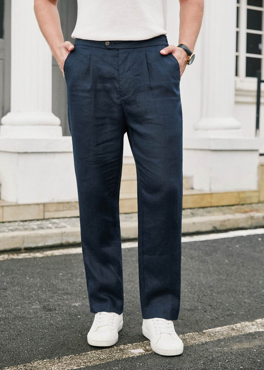 Pleated Pure Linen Straight Leg Trousers - Navy