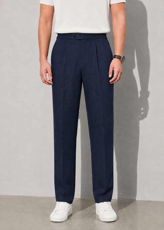 Pleated Pure Linen Straight Leg Trousers - Navy