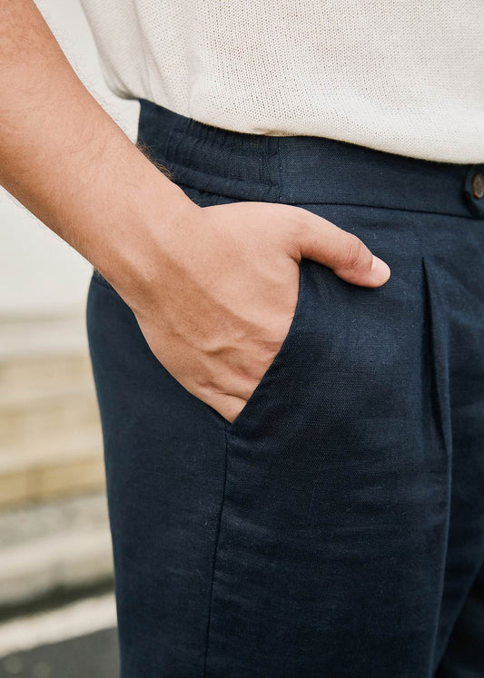 Pleated Pure Linen Straight Leg Trousers - Navy