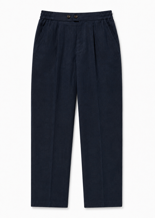 Pleated Pure Linen Straight Leg Trousers - Navy