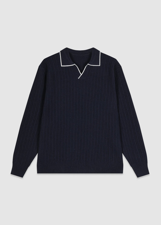 Textured Knitted Open Collar Jumper in Navy