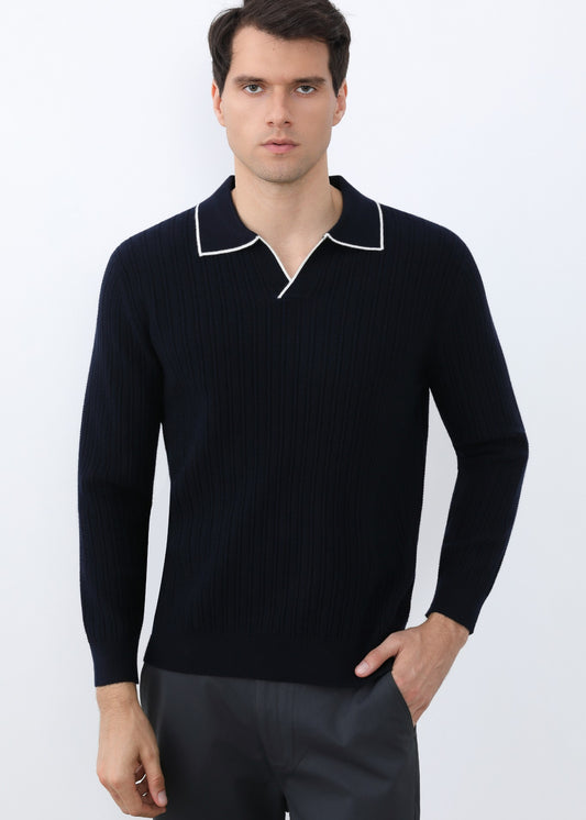 Textured Knitted Open Collar Jumper in Navy