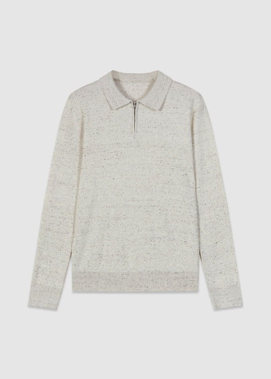 Wool Blend Zip Neck Polo in Cream Melange