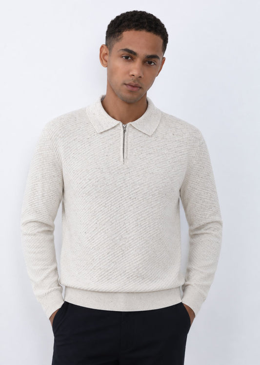 Wool Blend Zip Neck Polo in Cream Melange
