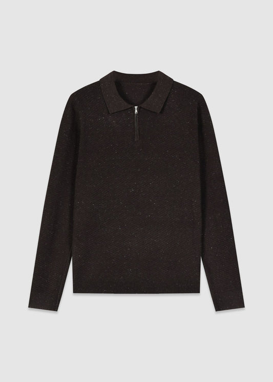 Wool Blend Zip Neck Polo in Dark Brown Melange