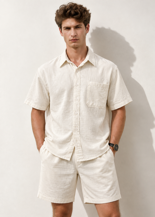 Pure Cotton Relaxed Fit Simple Button-Down Shirt - Cream