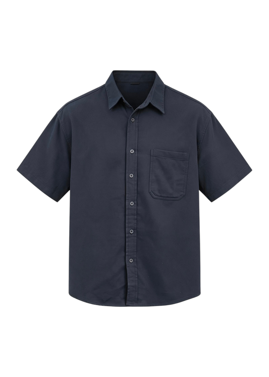 Pure Cotton Relaxed Fit Simple Button-Down Shirt - Navy
