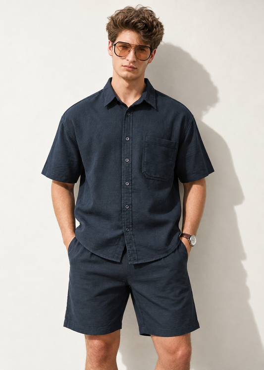 Pure Cotton Relaxed Fit Simple Button-Down Shirt - Navy