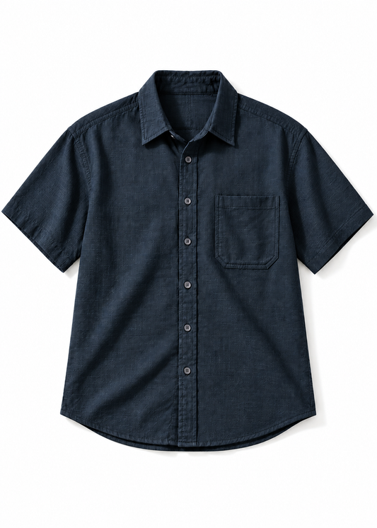 Pure Cotton Relaxed Fit Simple Button-Down Shirt - Navy