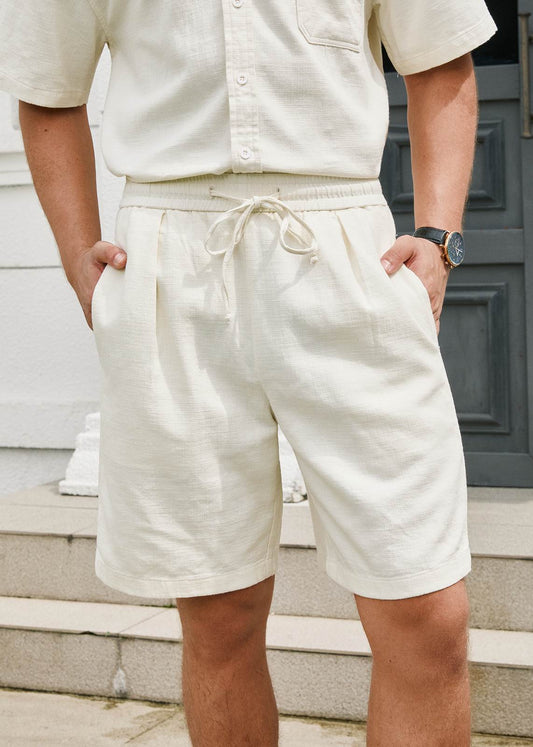 Textured Drawstring Pure Cotton Shorts - Cream