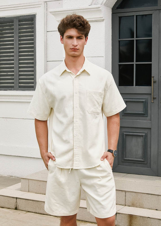 Pure Cotton Relaxed Fit Simple Button-Down Shirt - Cream