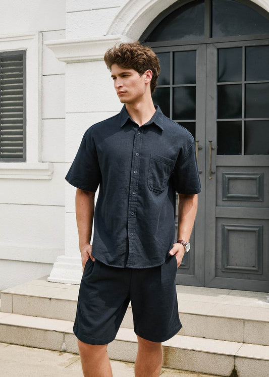 Pure Cotton Relaxed Fit Simple Button-Down Shirt - Navy