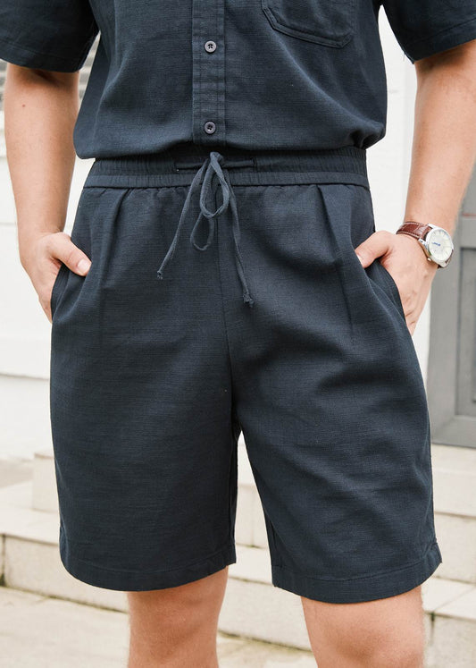 Textured Drawstring Pure Cotton Shorts - Navy