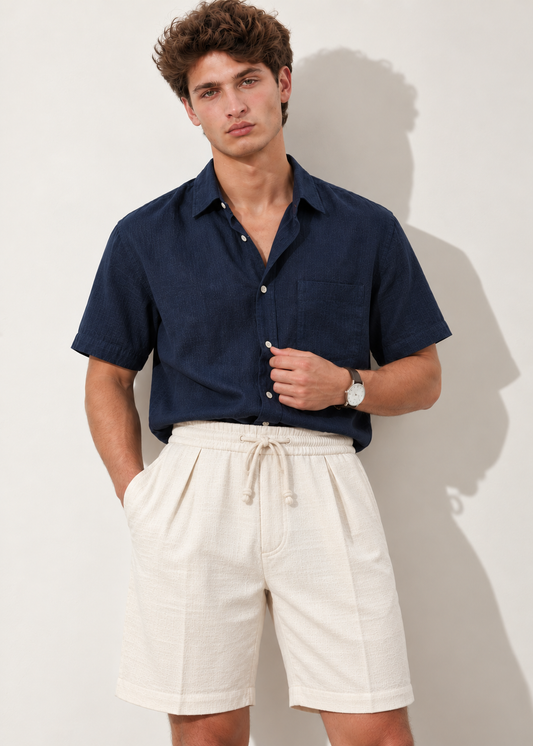 Textured Drawstring Pure Cotton Shorts - Cream