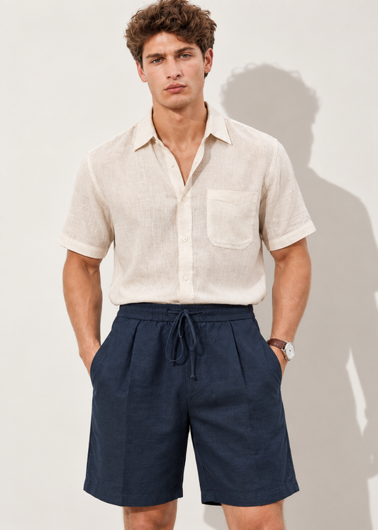 Textured Drawstring Pure Cotton Shorts - Navy