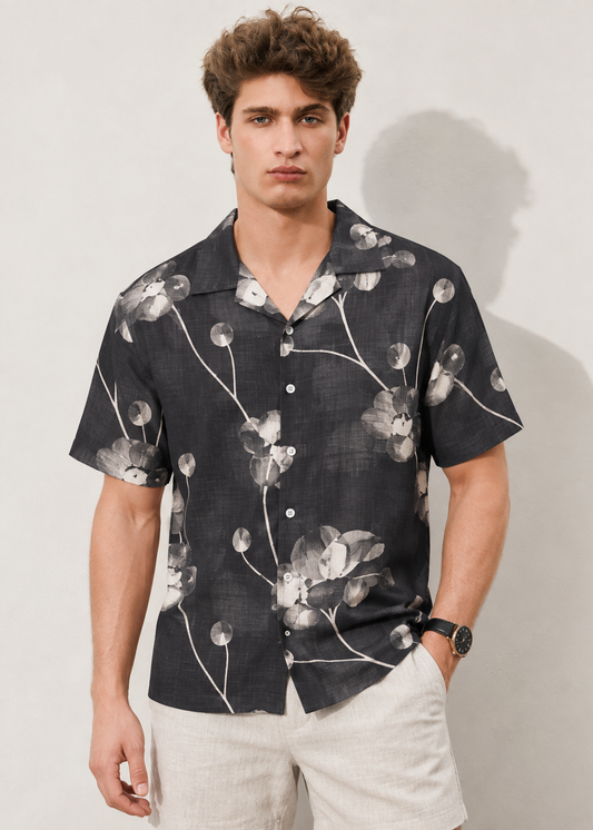 Lightweight Short Sleeve Printed Shirt - Black