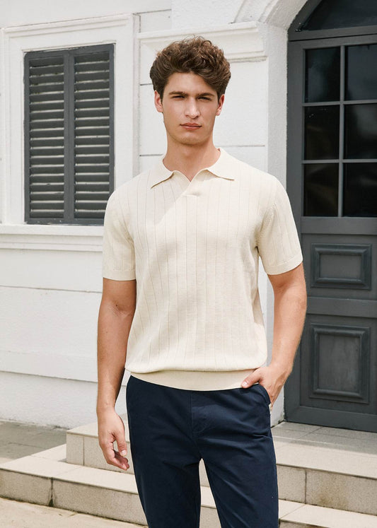 Beige Knitted Short Sleeve Polo Shirt