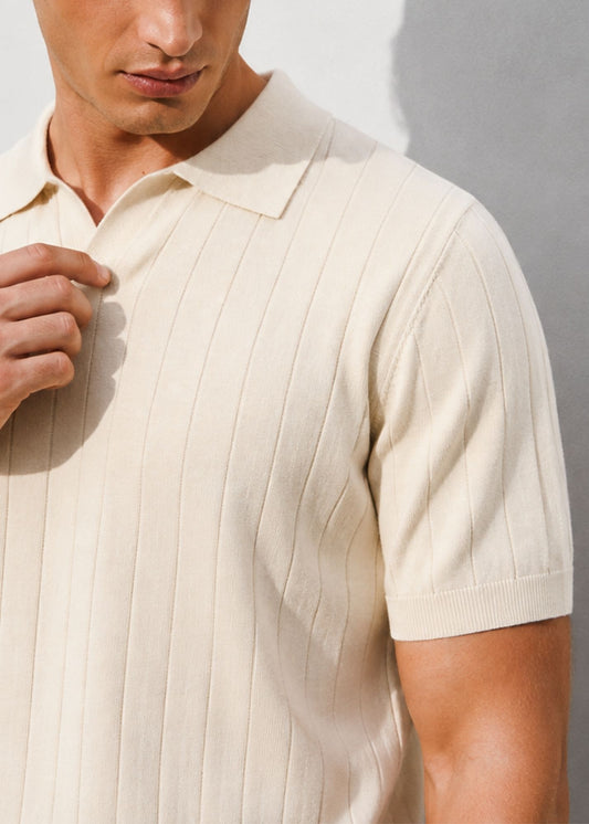 Beige Knitted Short Sleeve Polo Shirt