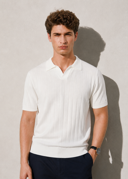 White Knitted Short Sleeve Polo Shirt