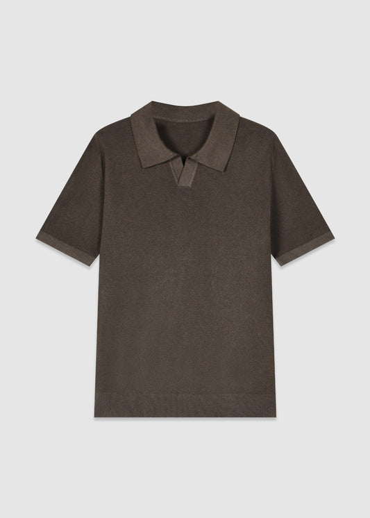 Open Neck Knitted Polo Shirt in Brown