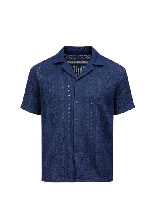 Men's Navy Blue Short Sleeve Textured Crochet Resort Shirt